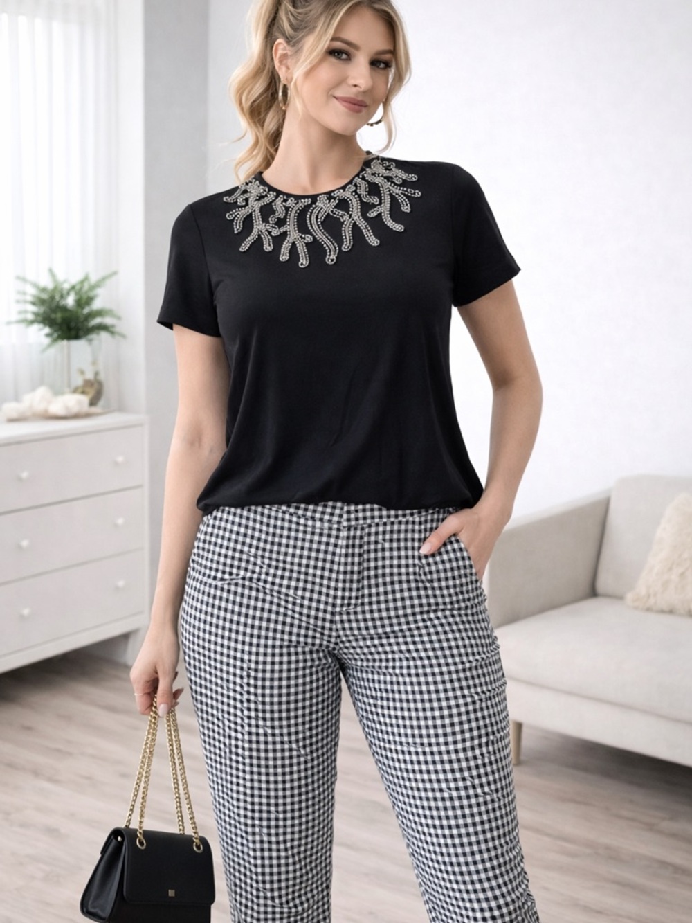 Pierre Cardin Black Tee with Silver Beaded Embellishment